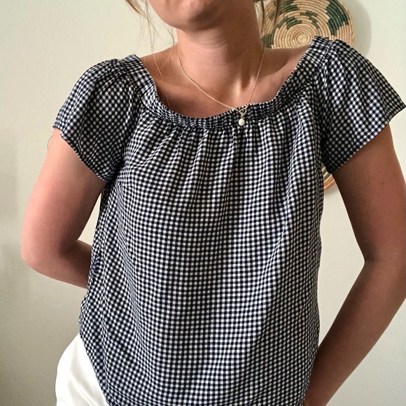 *SOLD* Gingham blue off shoulder cap sleeve top - Picture 6 of 9